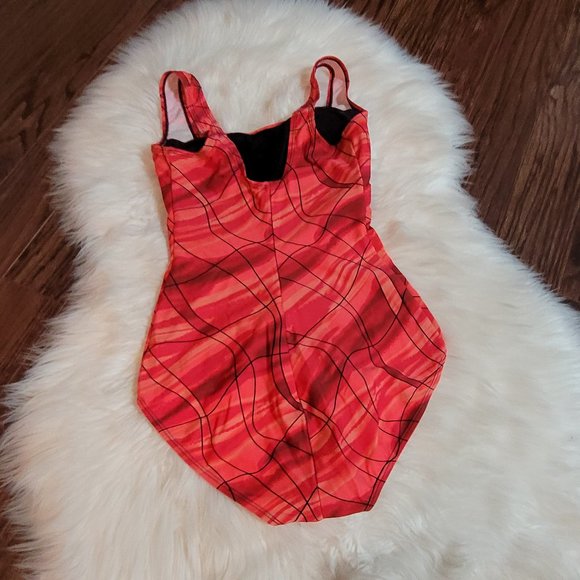 Byron Bay Australia Red Orange One Piece Swimsuit Coral Black Patterned Size 10 - Picture 7 of 10